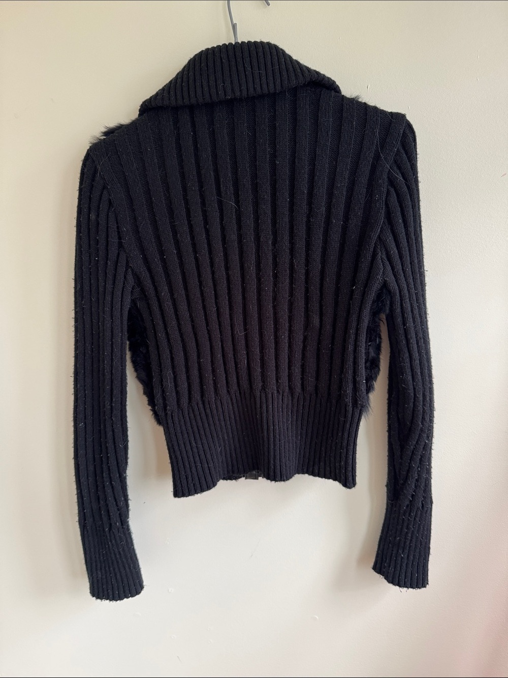 Black Rabbit Fur Ribbed Zip-Up Jacket - Picture 7 of 9